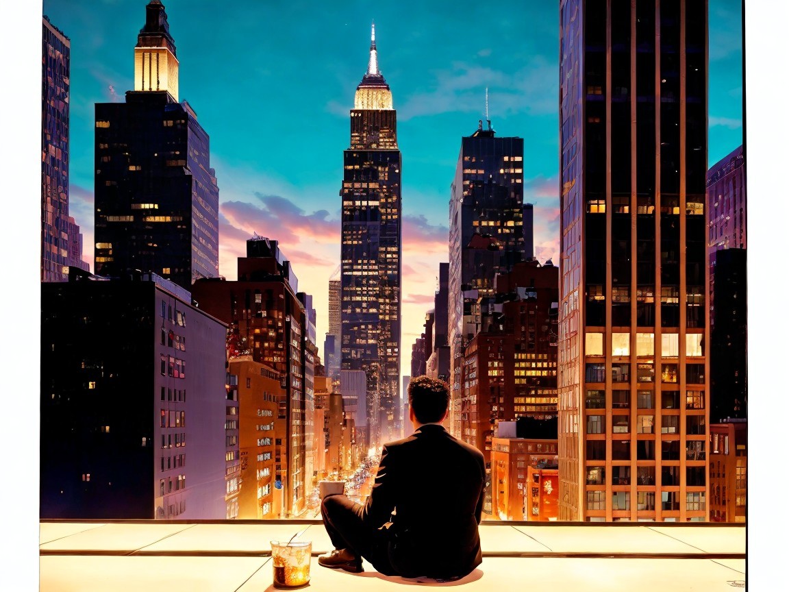 Silhouette Overlooking City Skyline at Dusk