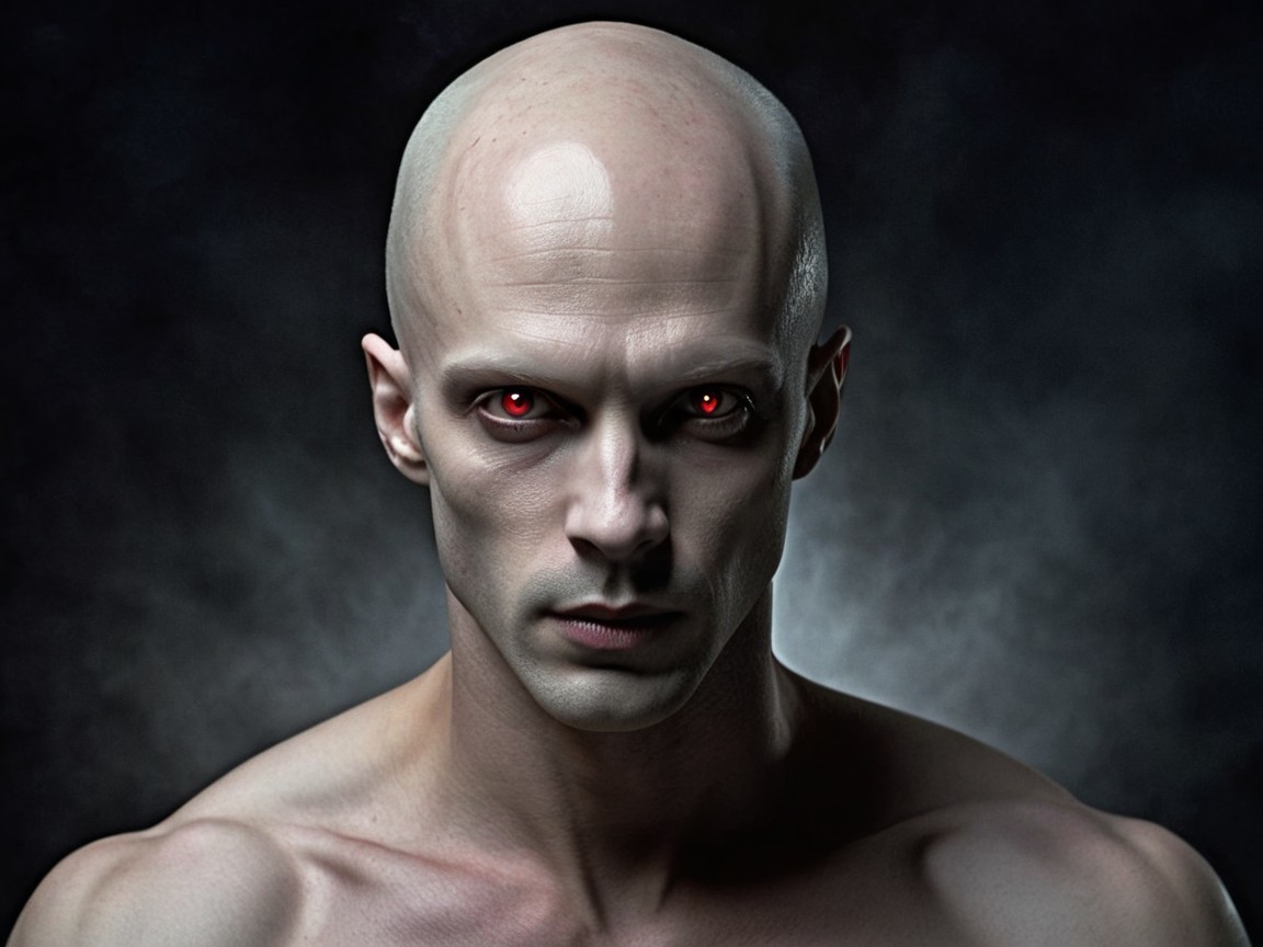 Bald Muscular Man with Glowing Red Eyes in Dark Setting