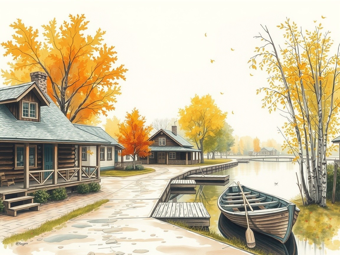 Autumn Scene with Cabins by a Serene Lake