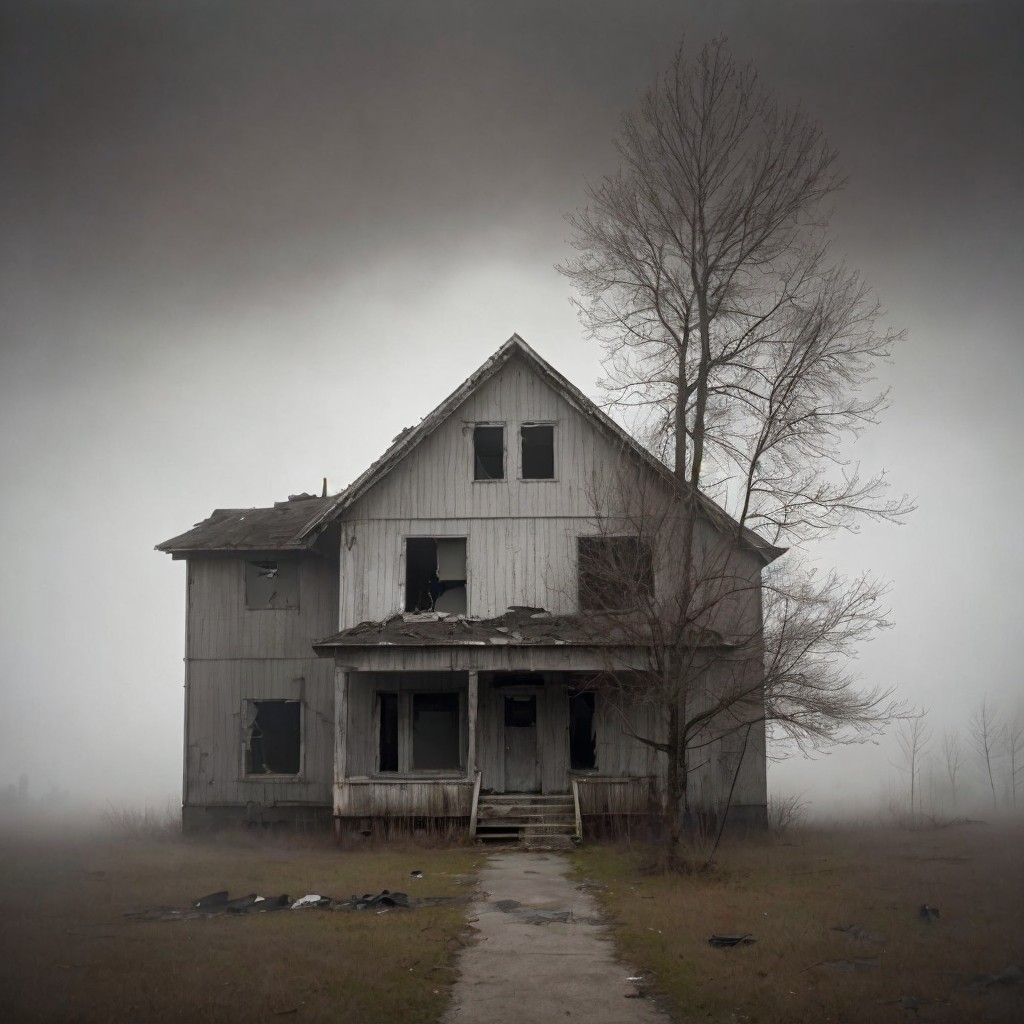 Dilapidated Two-Story House in Foggy Setting