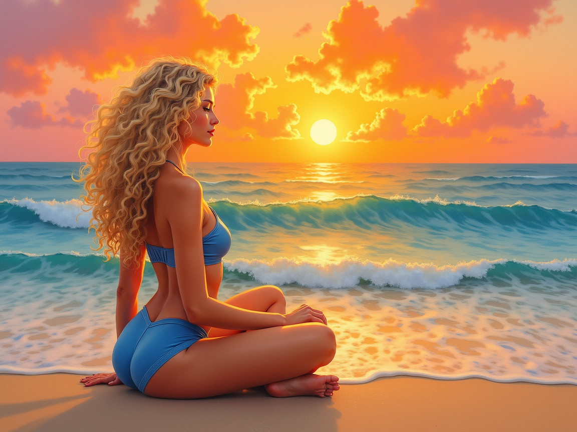 Serene Beach Sunset with Woman in Blue Bikini