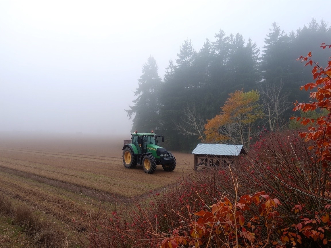 Foggy Landscape with Green Tractor and Shed