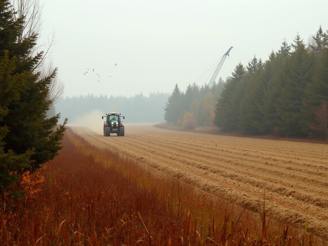 Green Tractor Plowing Field Under Foggy Sky