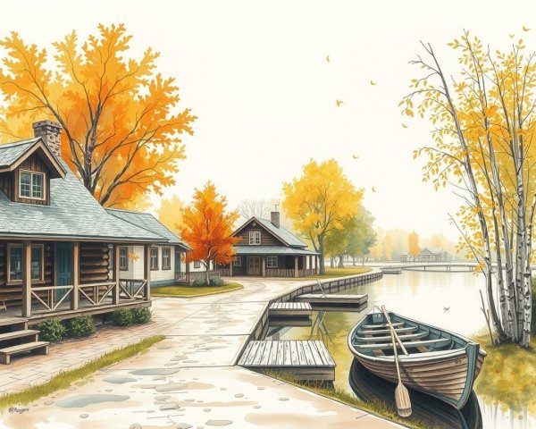 Autumn Scene with Cabins by a Serene Lake