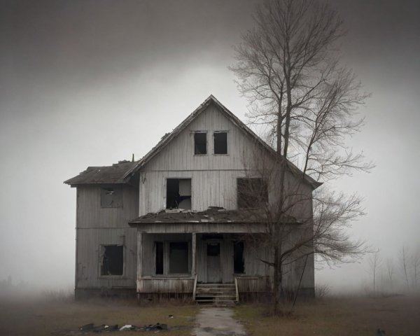 Dilapidated Two-Story House in Foggy Setting