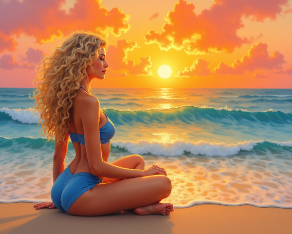 Serene Beach Sunset with Woman in Blue Bikini