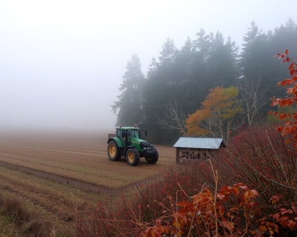 Foggy Landscape with Green Tractor and Shed