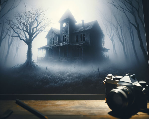Victorian House in Fog with Old Camera and Pencil