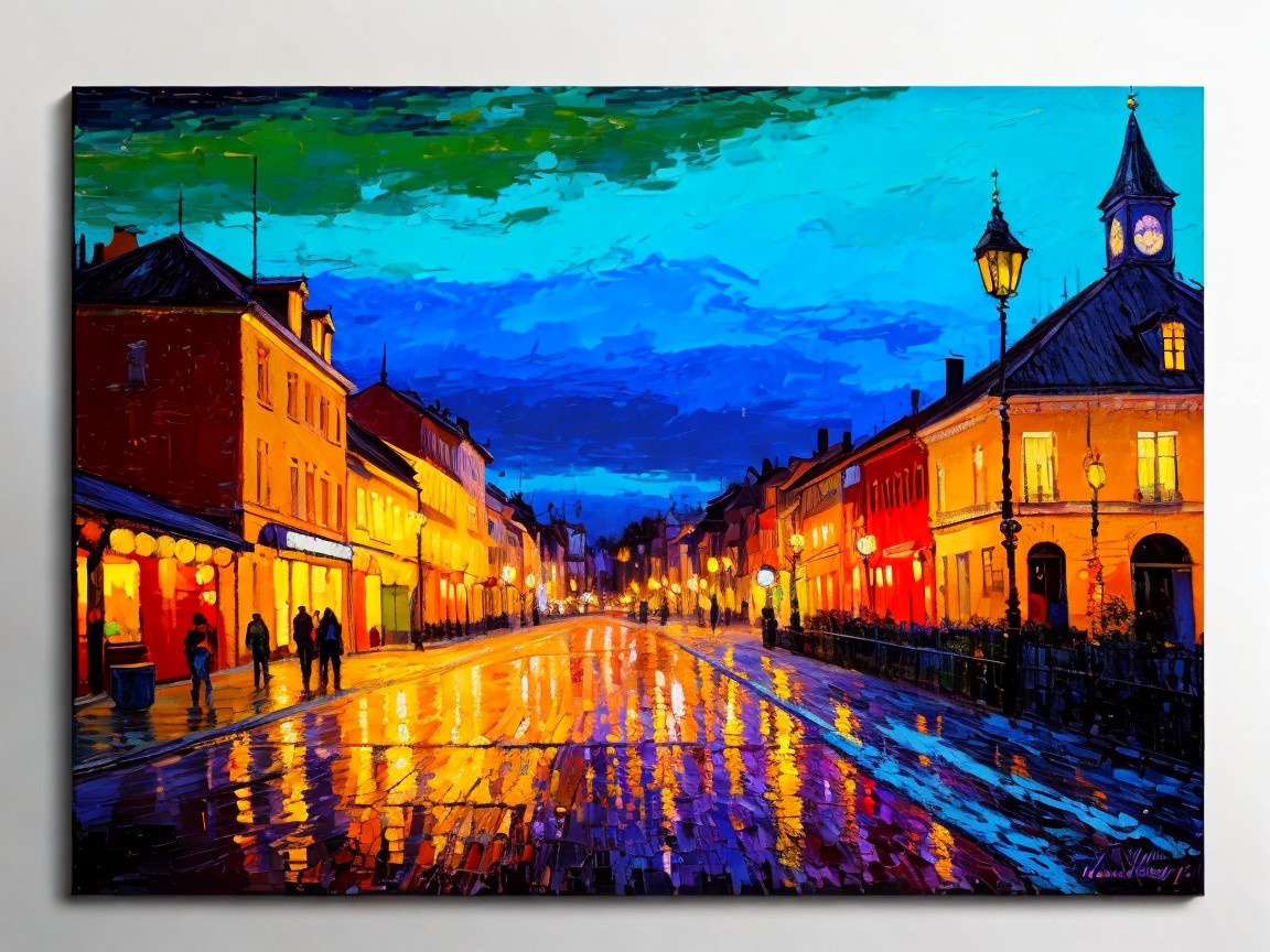 Impressionistic Street Scene at Dusk with Reflections