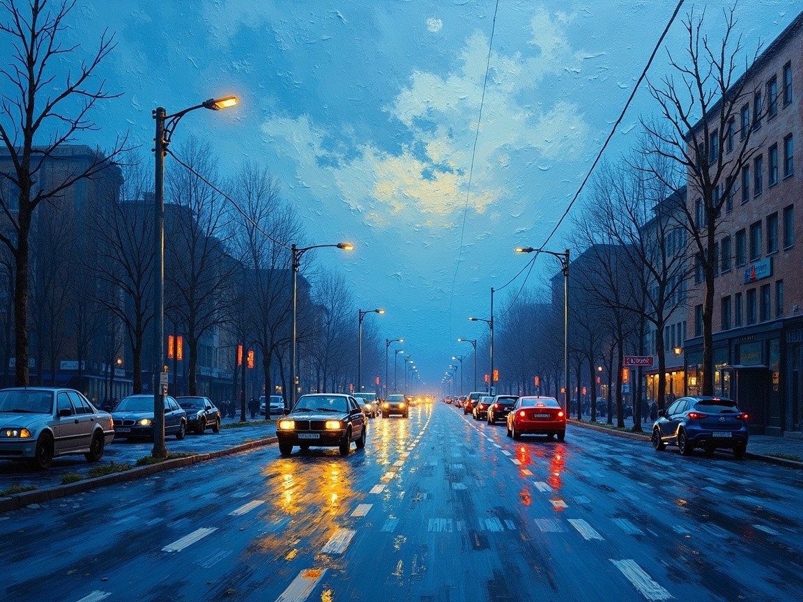 Tranquil City Street Scene at Dusk with Soft Lights