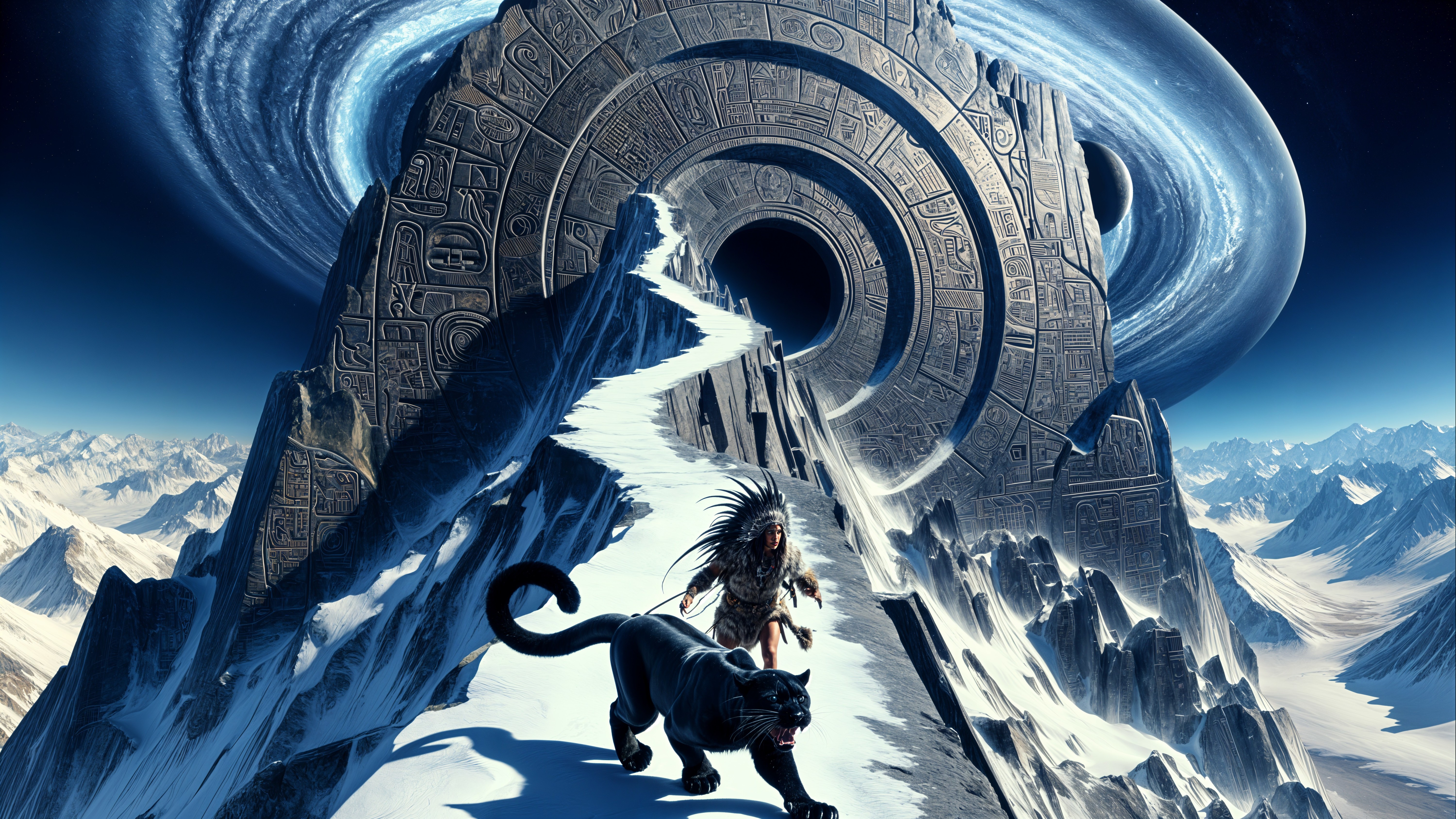 Mountain Landscape with Ancient Stone Portal and Warrior