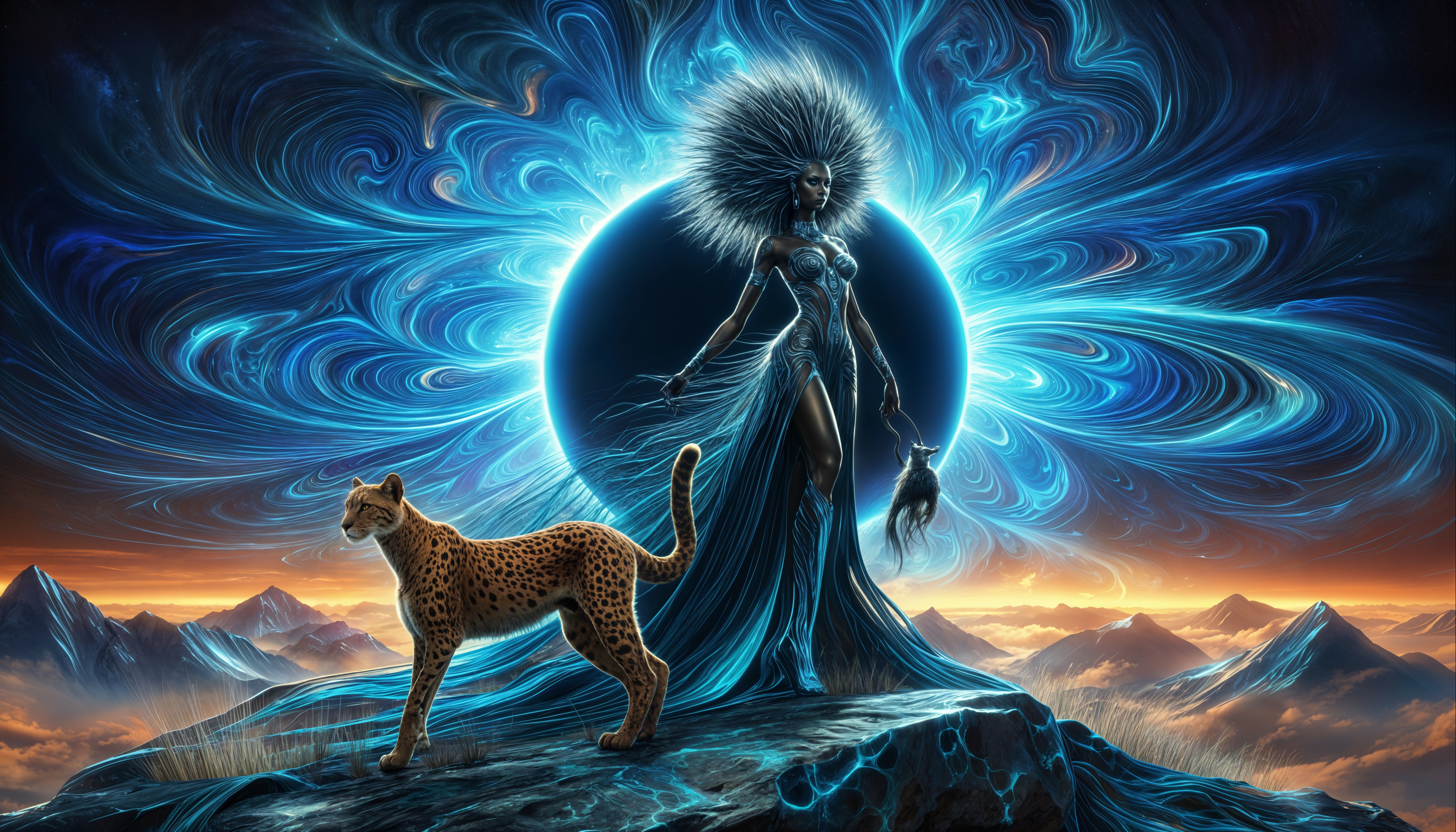 Mystical Figure in Blue Gown with Leopard at Sunset