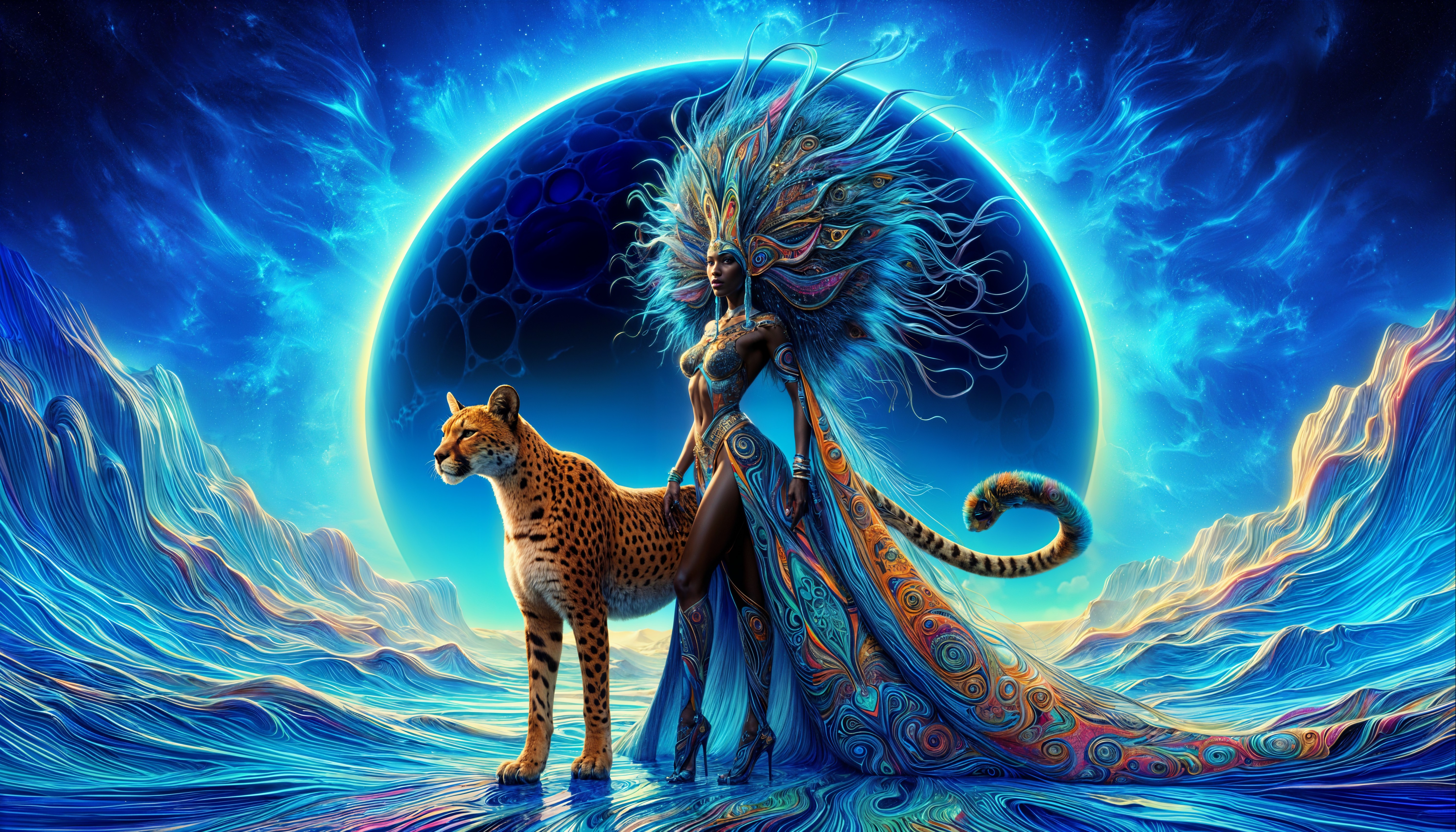 Majestic figure in vibrant cosmic scenery with leopard