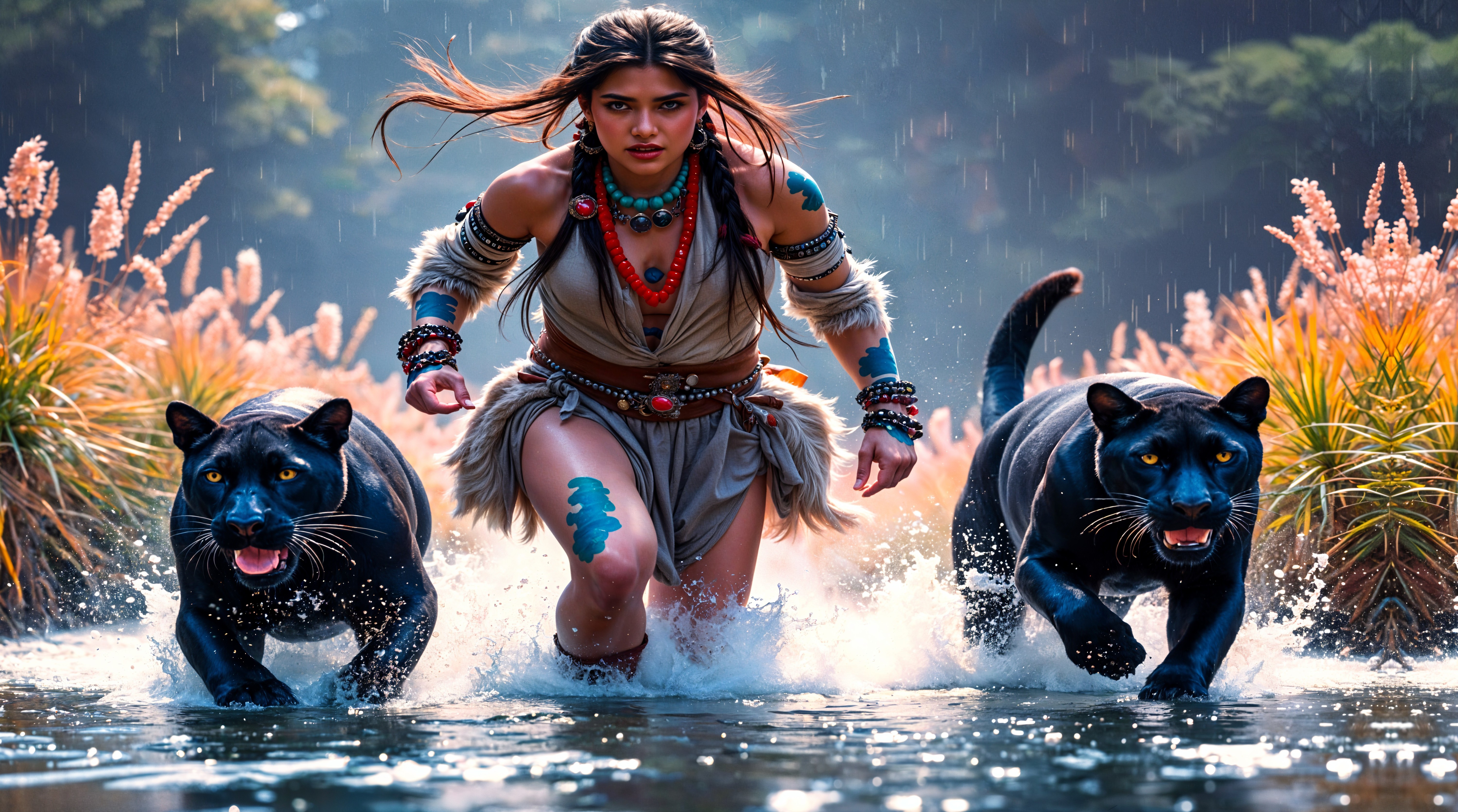 Tribal Woman Runs with Black Panthers in Vibrant Nature