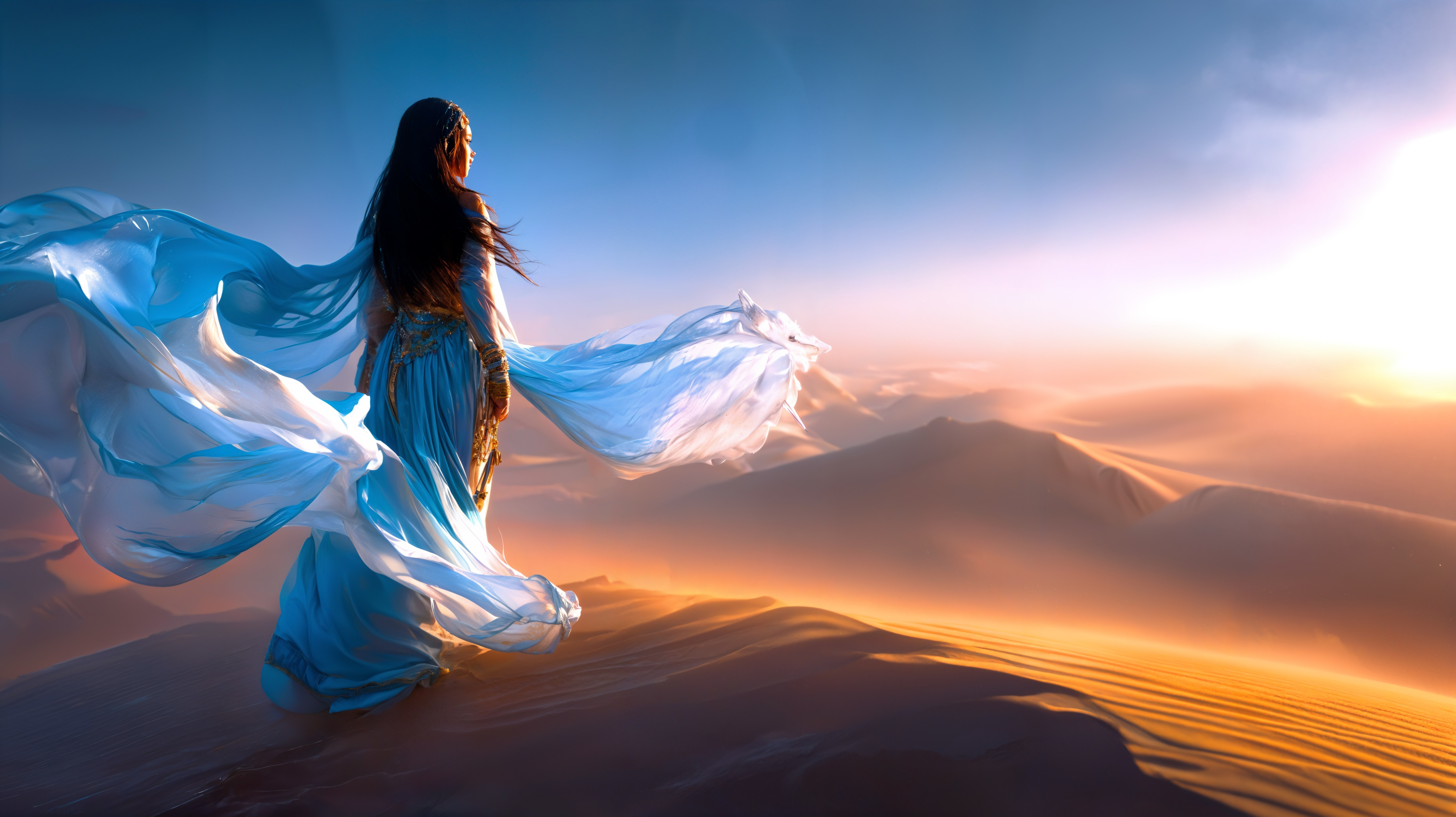 Figure in Blue Garment on Sandy Dune at Sunset