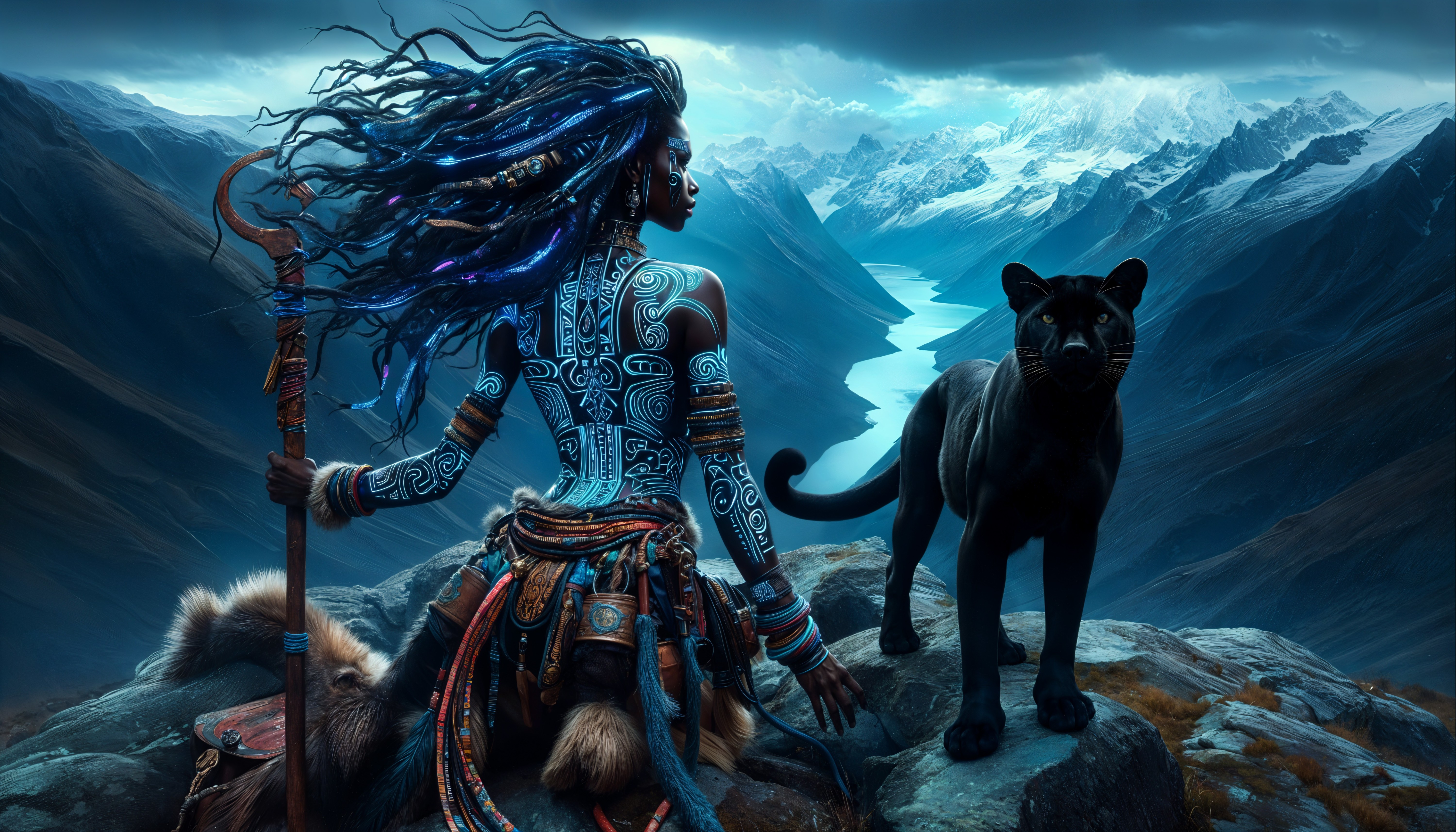 Mystical Warrior and Panther Overlooking Serene Valley