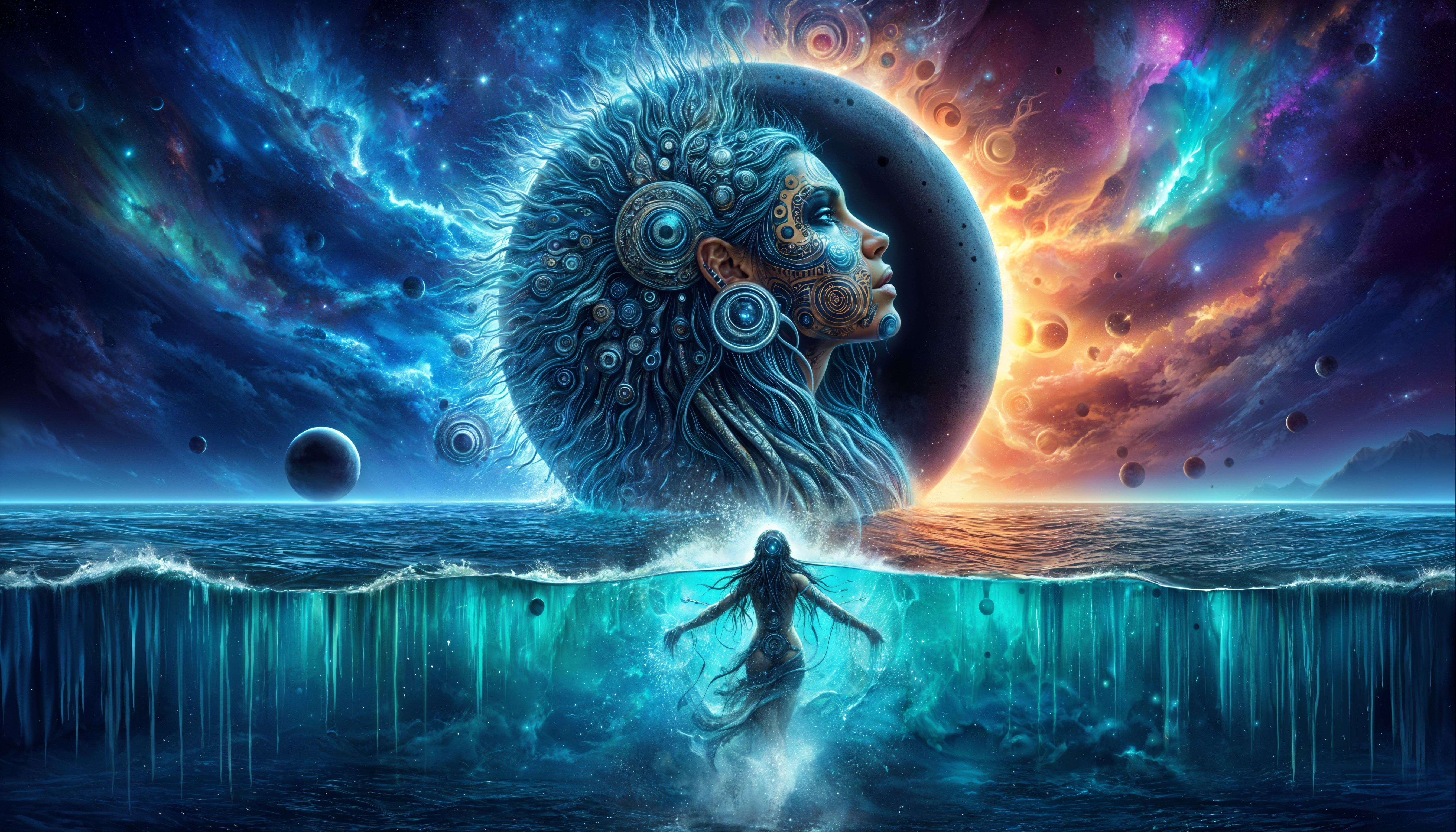 Cosmic Scene with Woman's Profile and Celestial Elements