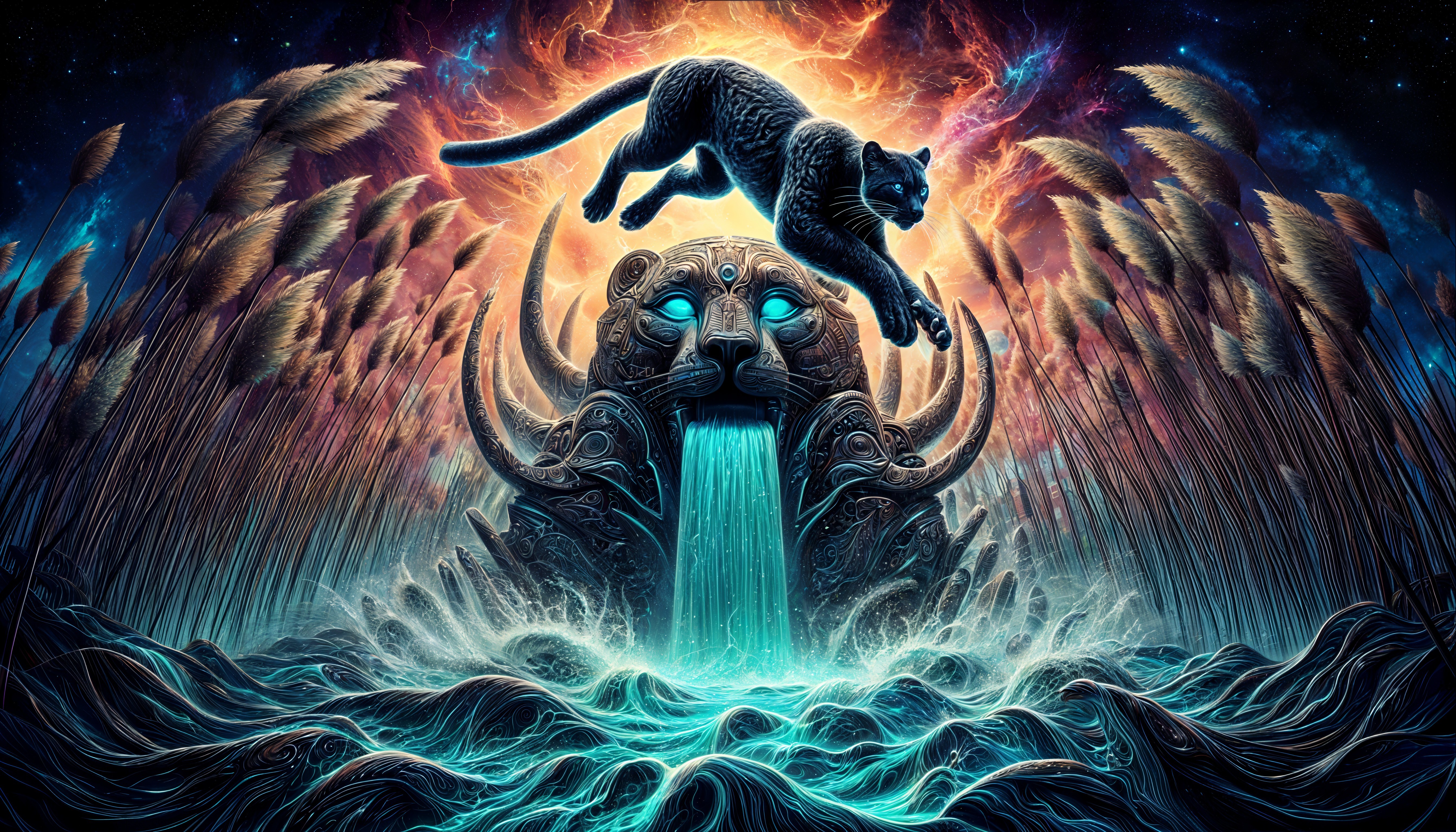 Mystical Panther Leaping Through Ancient Stone Gateway