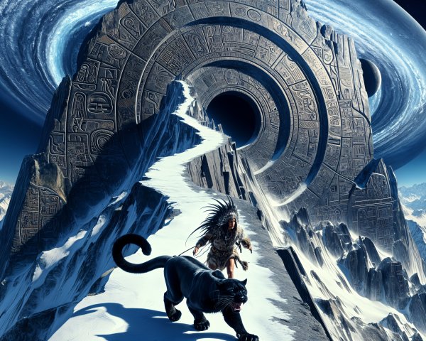 Mountain Landscape with Ancient Stone Portal and Warrior