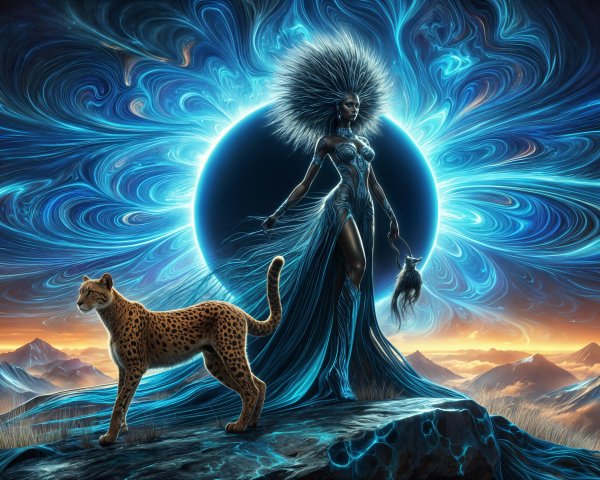 Mystical Figure in Blue Gown with Leopard at Sunset