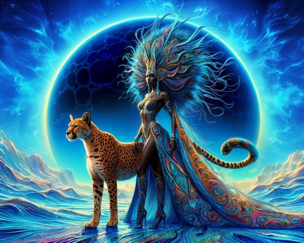 Majestic figure in vibrant cosmic scenery with leopard