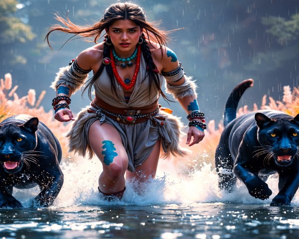 Tribal Woman Runs with Black Panthers in Vibrant Nature