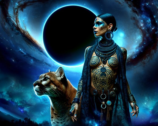 Mystical Woman with Tattoos and Puma in Cosmic Landscape