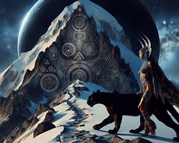 Warrior and Panther in Snowy Fantasy Landscape