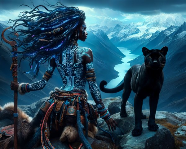 Mystical Warrior and Panther Overlooking Serene Valley
