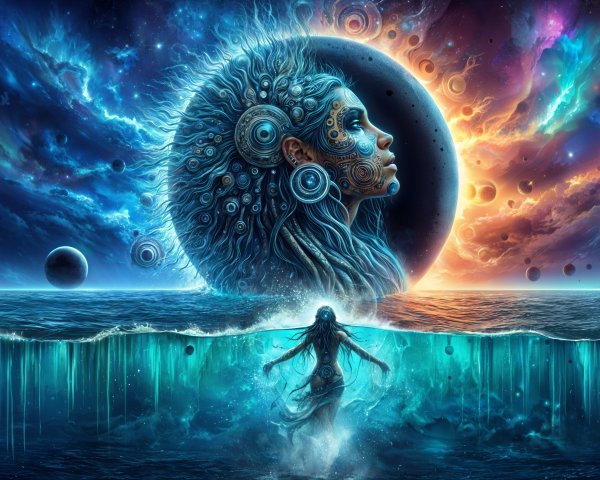 Cosmic Scene with Woman's Profile and Celestial Elements