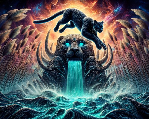 Mystical Panther Leaping Through Ancient Stone Gateway