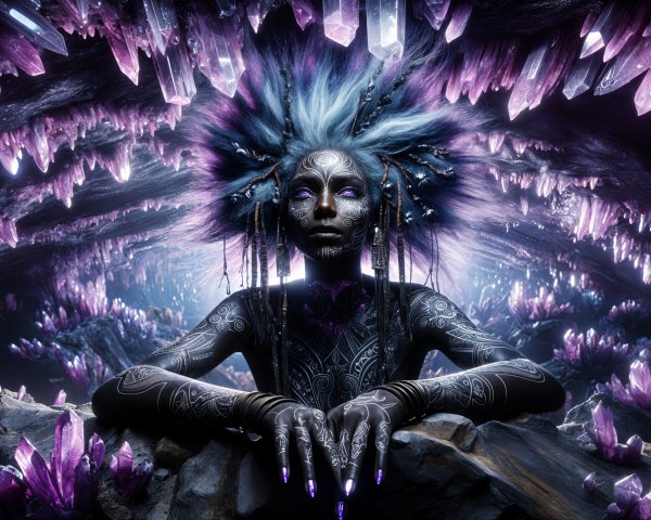 Surreal figure with tribal tattoos in crystal cave