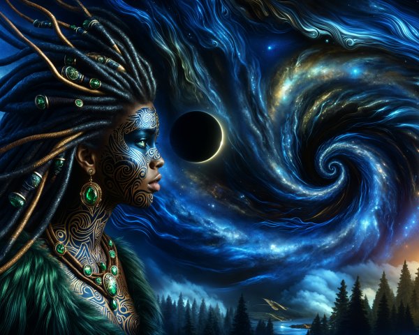 Cosmic Figure with Facial Markings and Jewelry