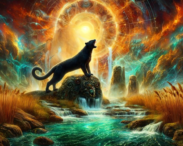 Black Panther on Rocky Outcrop with Mystical Landscape
