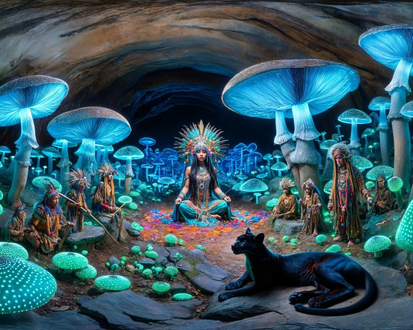 Mystical Cave Scene with Glowing Mushrooms and Creatures