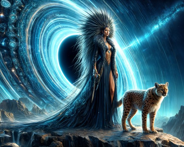 Ethereal Figure with Leopard in Cosmic Landscape