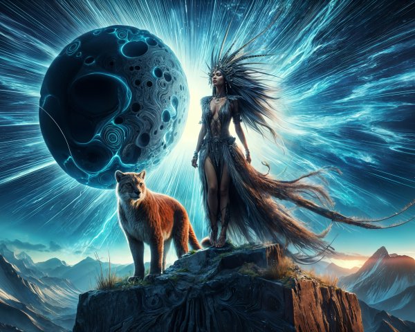 Mystical figure and fox under a swirling planet sky