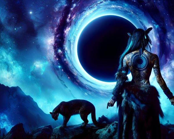 Mysterious figure and panther by cosmic vortex