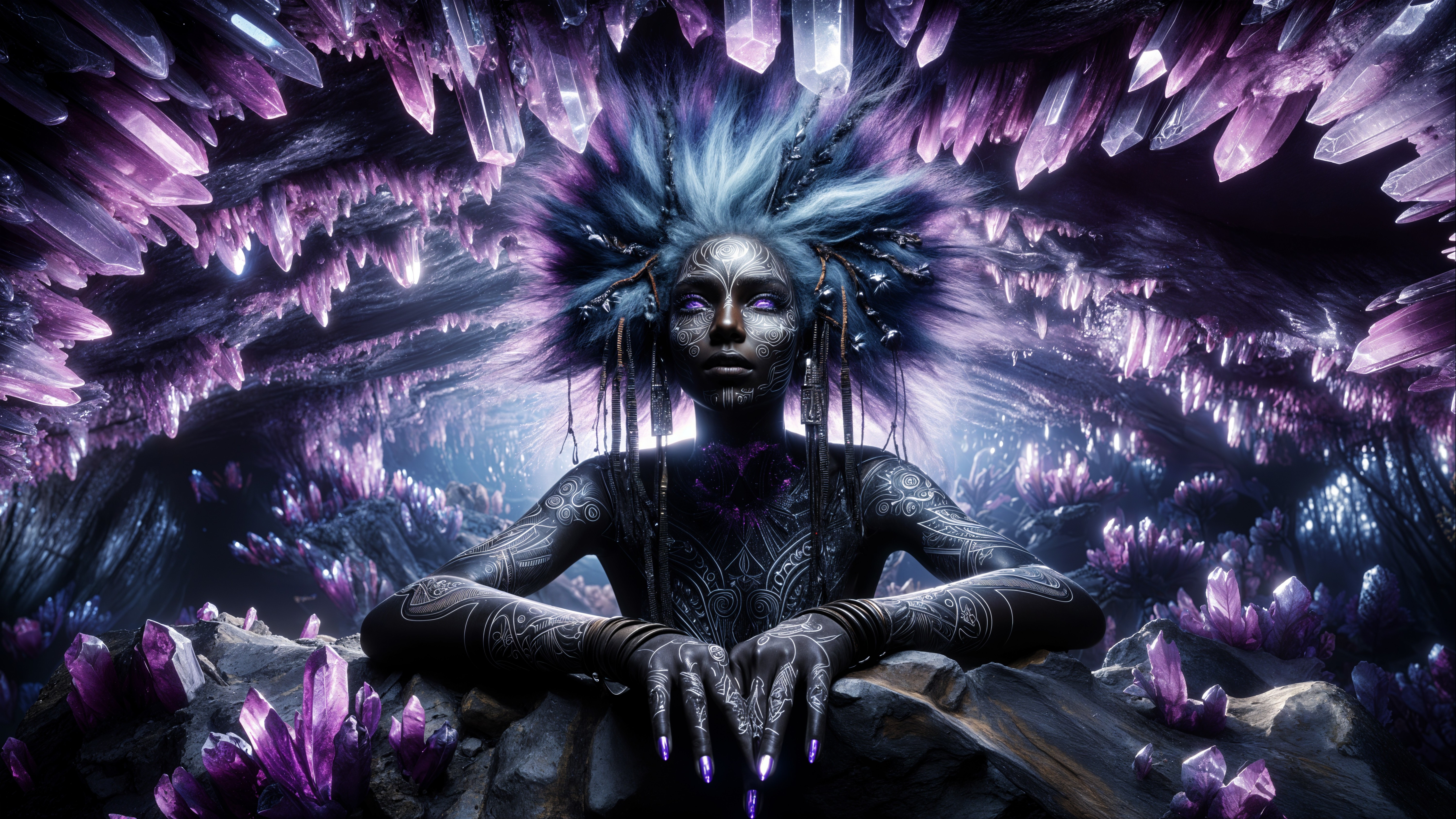 Surreal figure with tribal tattoos in crystal cave