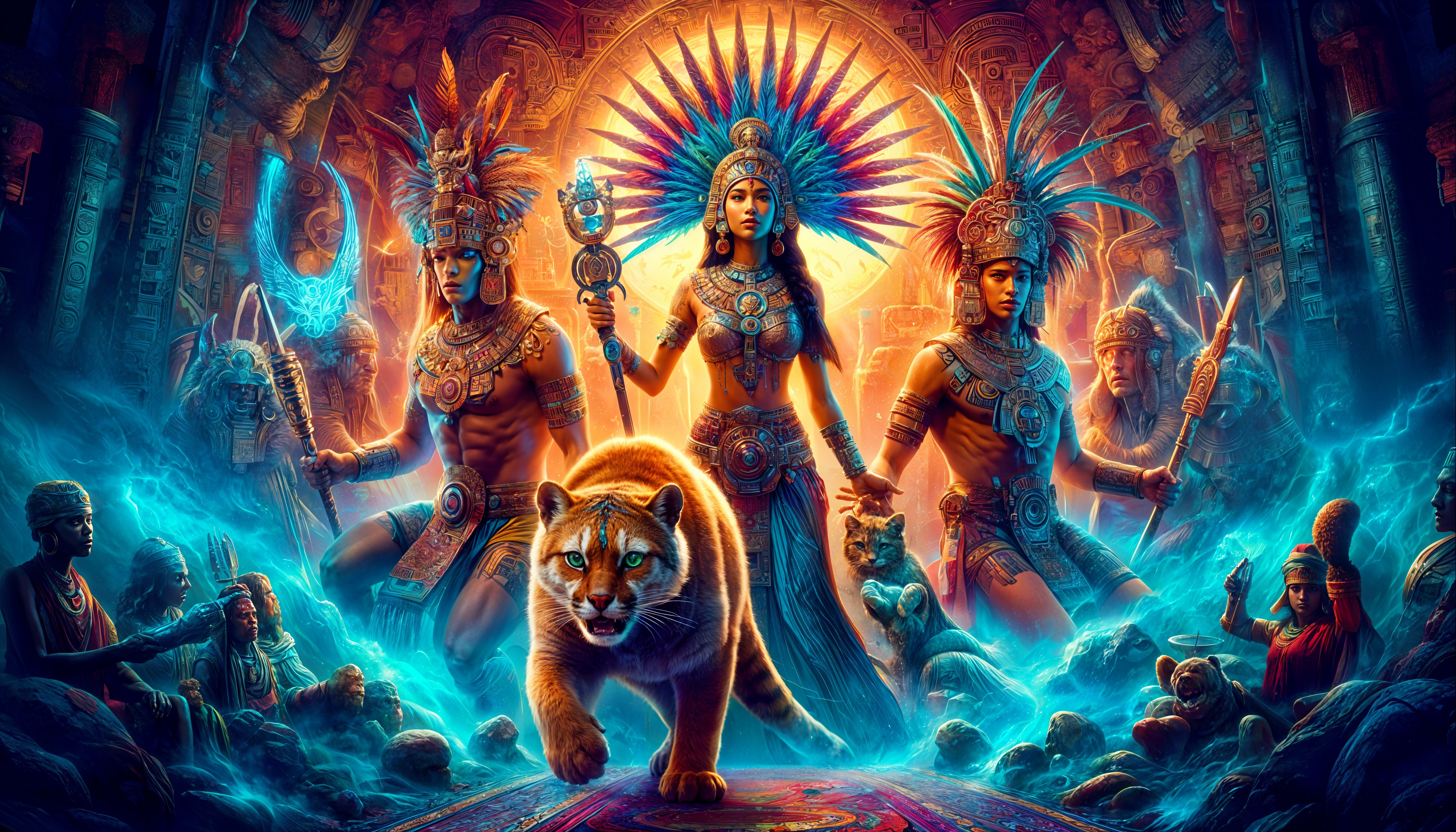 Goddess Surrounded by Warriors and Jaguar in Mystical Scene