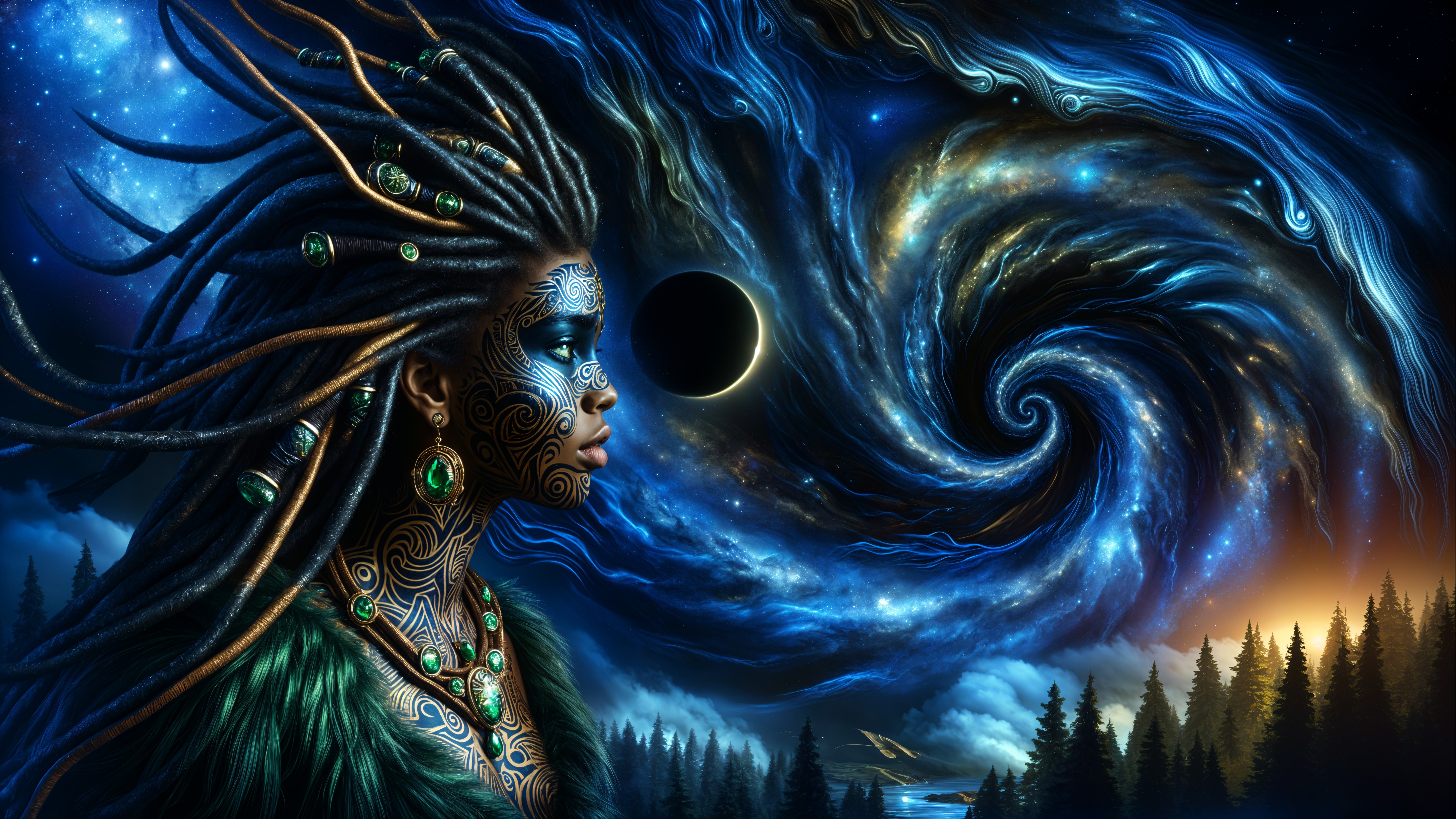 Cosmic Figure with Facial Markings and Jewelry