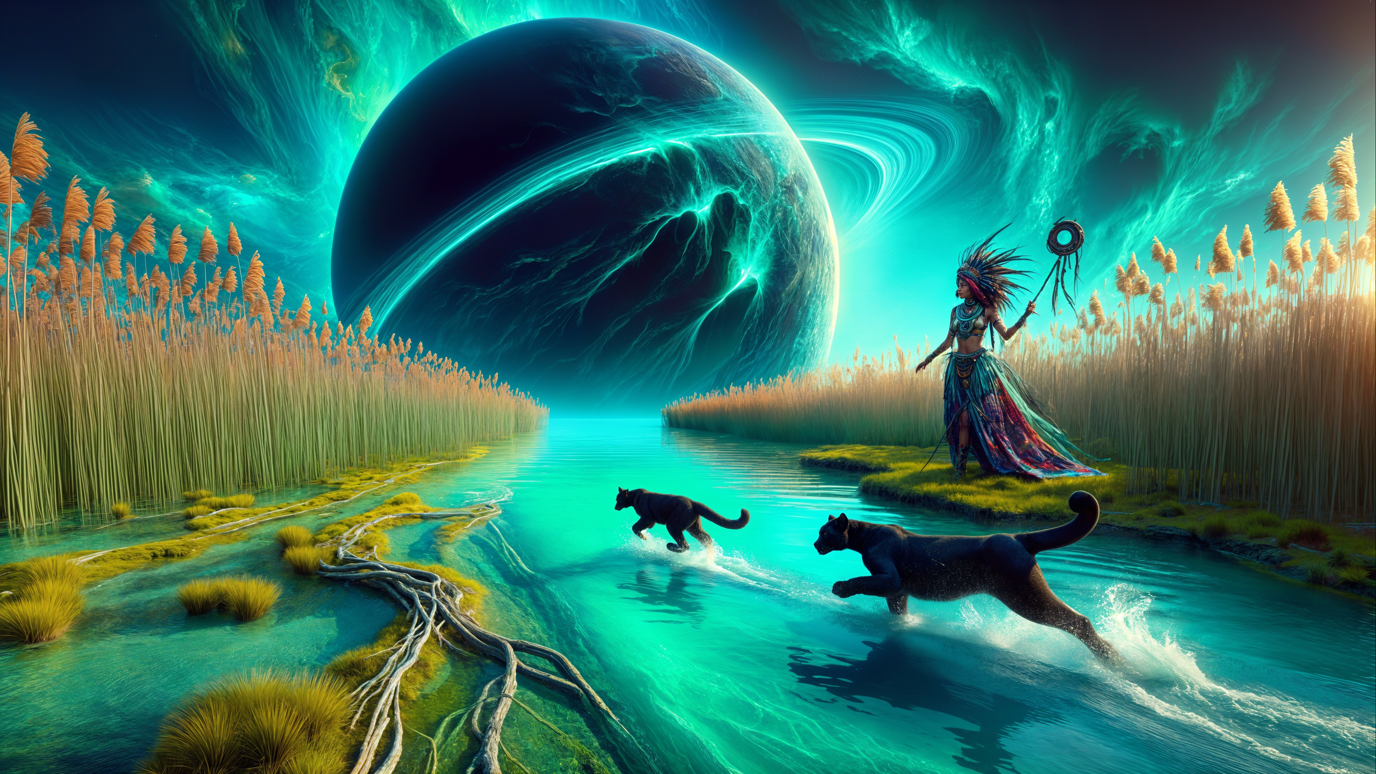 Vibrant Otherworldly Landscape with Cosmic Elements