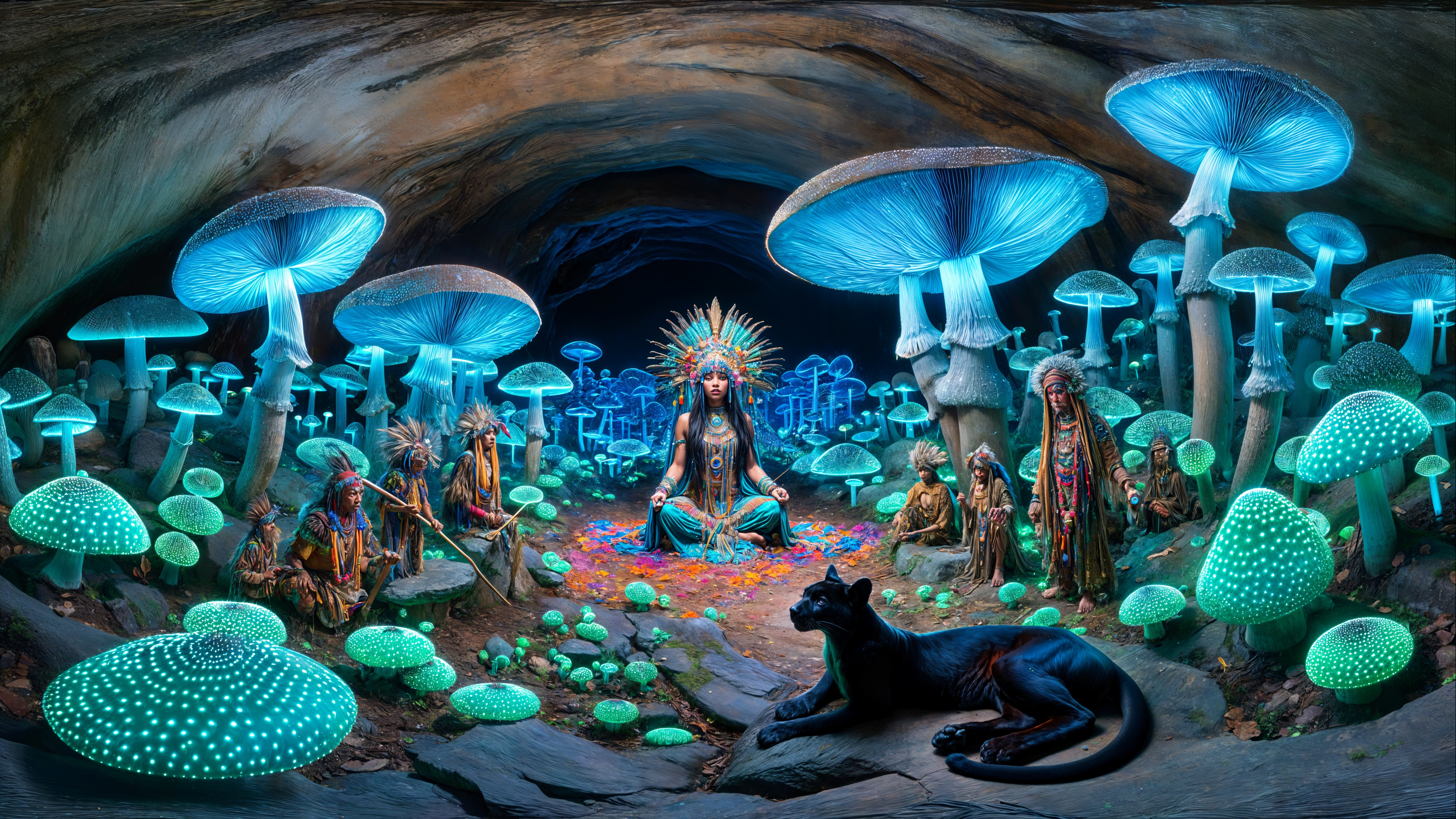 Mystical Cave Scene with Glowing Mushrooms and Creatures