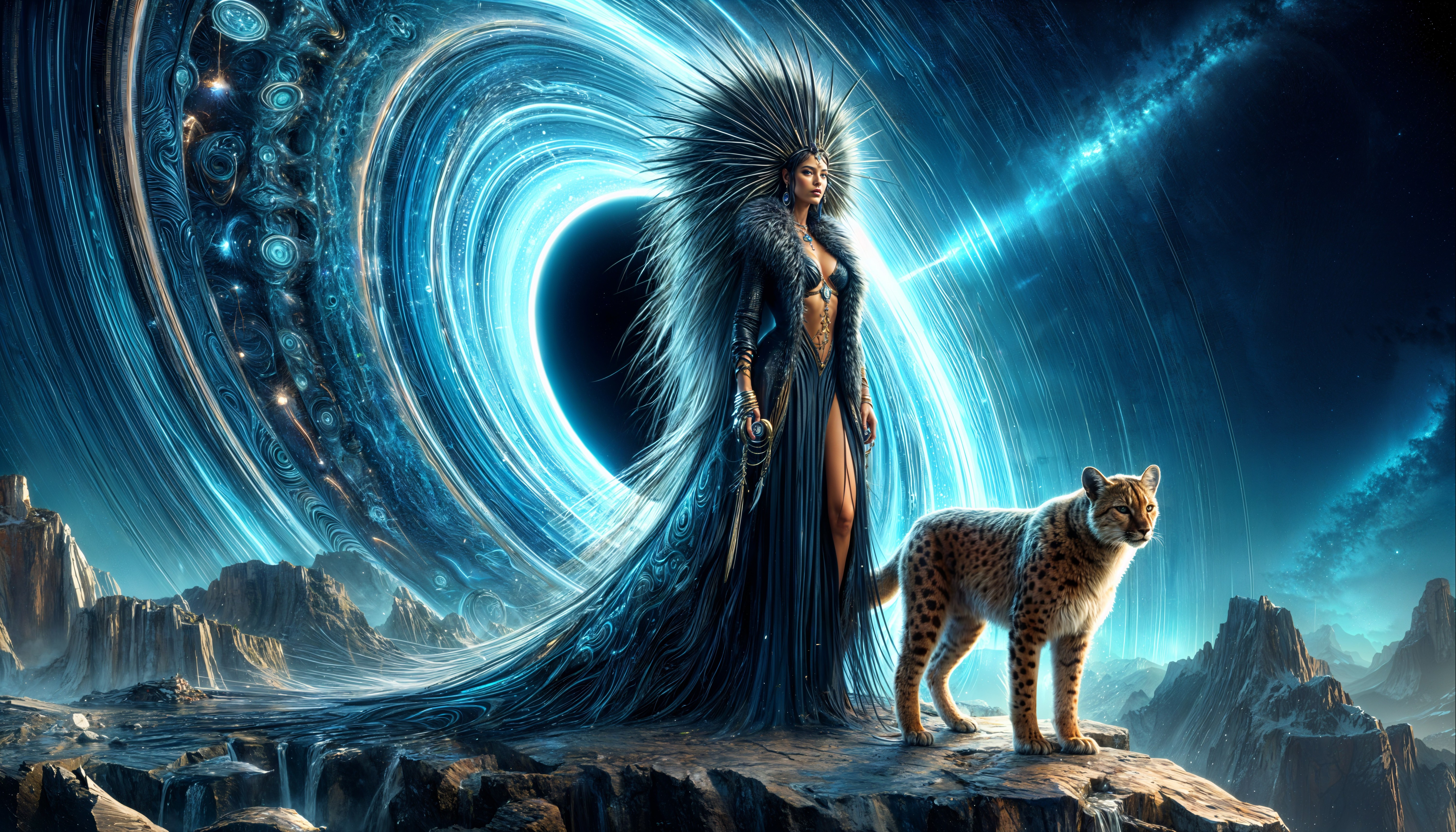 Ethereal Figure with Leopard in Cosmic Landscape