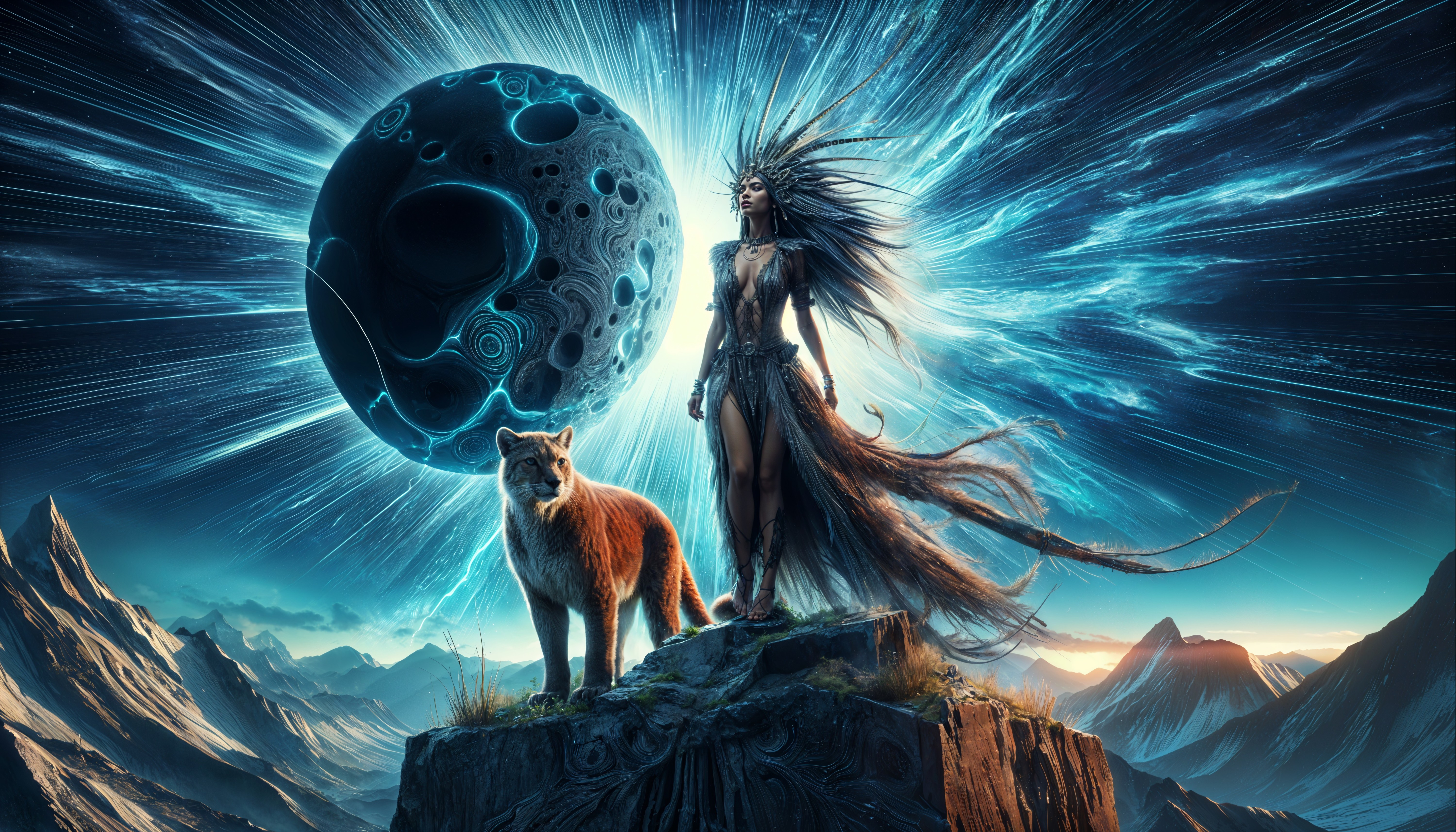 Mystical figure and fox under a swirling planet sky