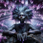 Surreal figure with tribal tattoos in crystal cave