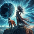 Mystical figure and fox under a swirling planet sky