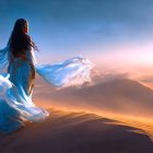 Figure in Blue Garment on Sandy Dune at Sunset