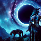 Mysterious figure and panther by cosmic vortex