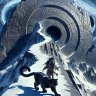 Mountain Landscape with Ancient Stone Portal and Warrior